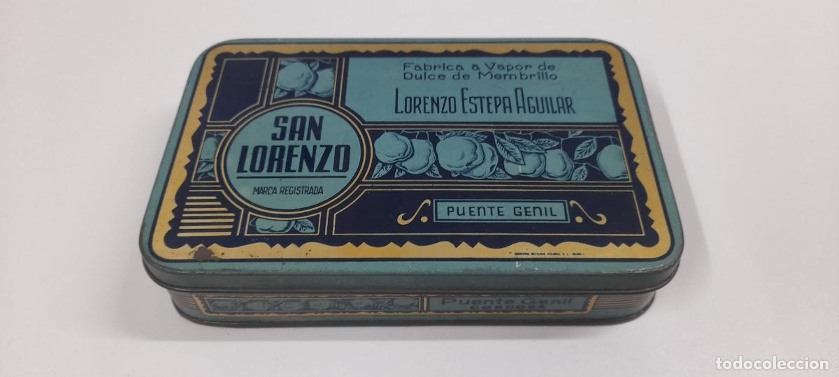 Cajas y cajitas met&aacute;licas: ANTIGUA CAJA DULCE DE MEMBRILLO SAN LORENZO . LORENZO ESTEPA - PUENTE GENIL . HOJALATA LITOGRAFIADA