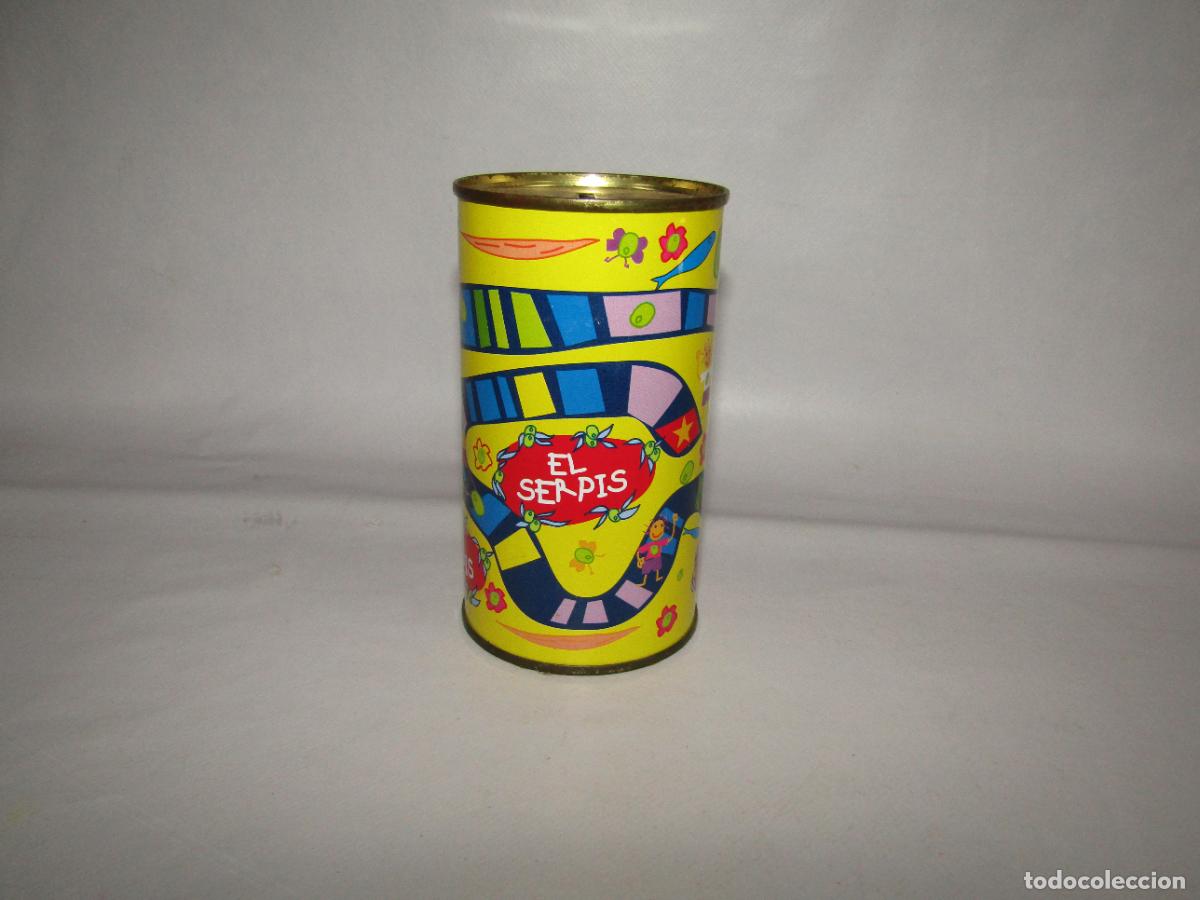 Cajas y cajitas met&aacute;licas: Antiguo Bote Hucha en Hojalata Litografiada Publicidad de Aceitunas EL SERPIS de Alcoy
