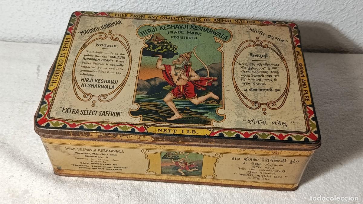 Cajas y cajitas met&aacute;licas: ANTIGUA CAJA DE HOJALATA LITOGRAFIADA DE AZAFRAN AZAFRANES HIRJI KESHAVJI MADE IN SPAIN PPIOS S. XX