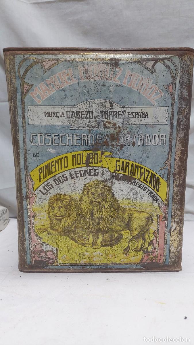 Cajas y cajitas met&aacute;licas: Antigua y rarisima lata de pimiento Molido los dos Leones Cabezo de Torres Murcia