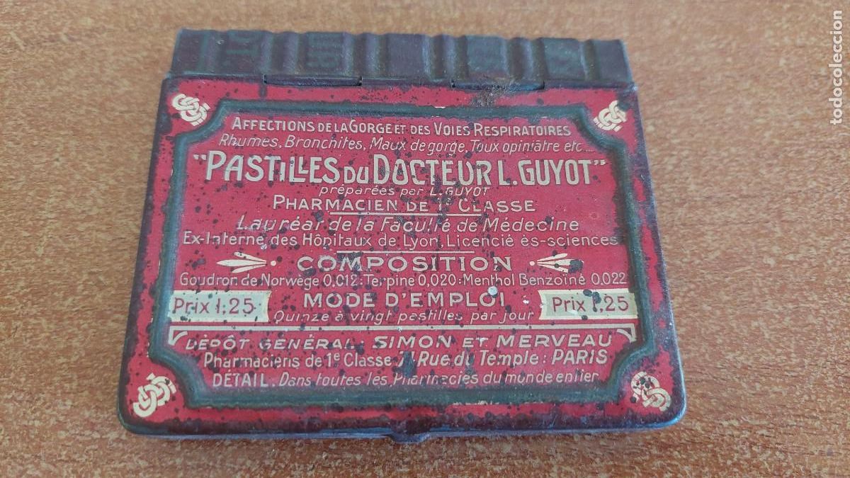 Cajas y cajitas met&aacute;licas: Antigua lata forma de libro pastillas Doctor Guyot