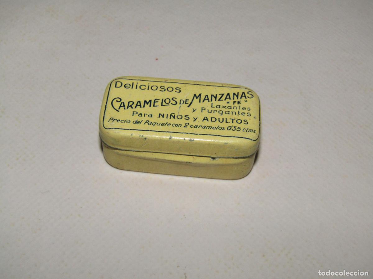 Cajas y cajitas met&aacute;licas: Antigua Cajita en Hojalata Litografiada de Laxantes y Purgantes CARAMELOS de MANZANAS * FE *