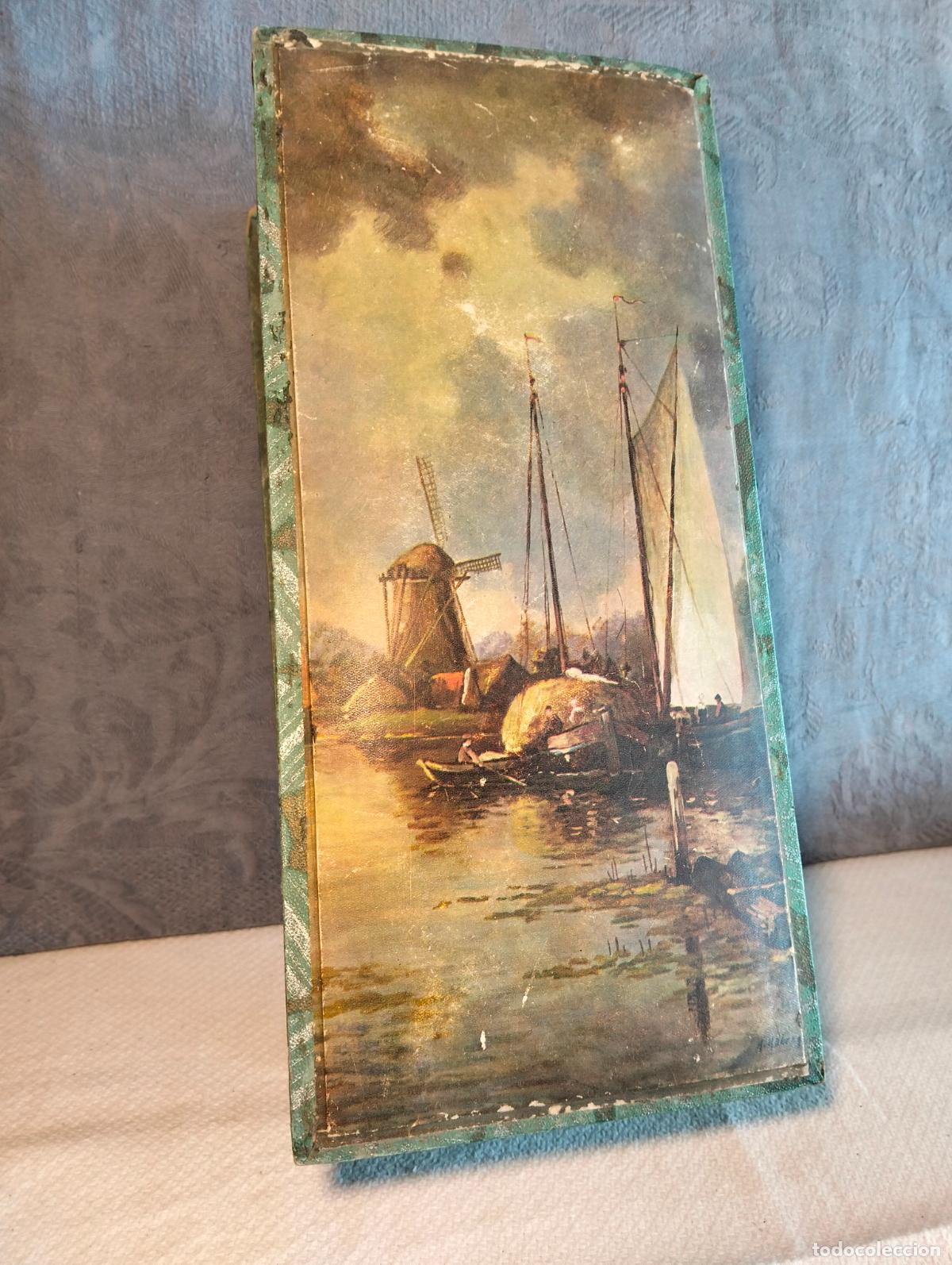 Cajas y cajitas met&aacute;licas: Caja de cart&oacute;n decorativa de colonia imagen dibujo de molino de agua r&iacute;o barquita barca a&ntilde;os 50