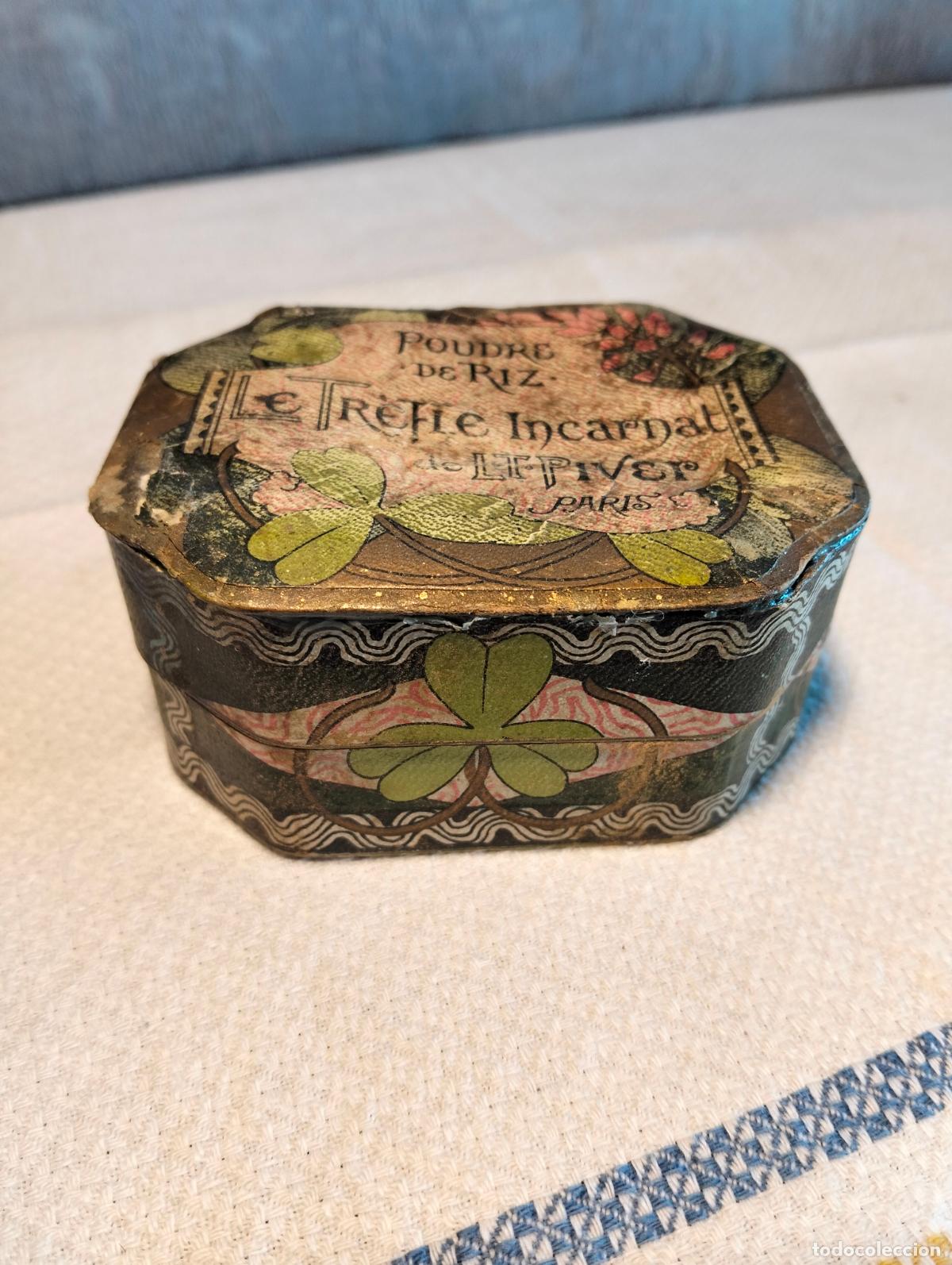 Cajas y cajitas met&aacute;licas: Caja de maquillaje antigua francesa de cart&oacute;n poudre de riz le trefle incarnat paris a&ntilde;os 20-30