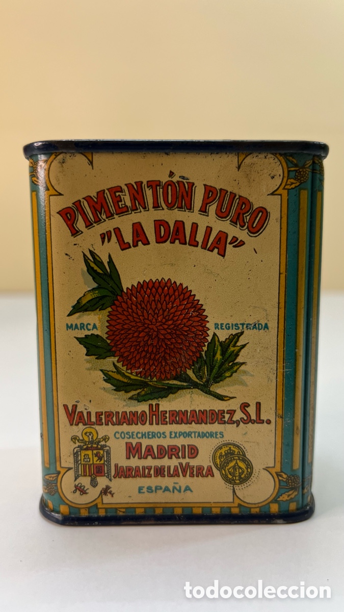 Cajas y cajitas met&aacute;licas: ANTIGUA LATA DE PIMENTON PURO (LA DALIA ) VALERIANO HERNANDEZ S.L JARAIZ DE LA VERA