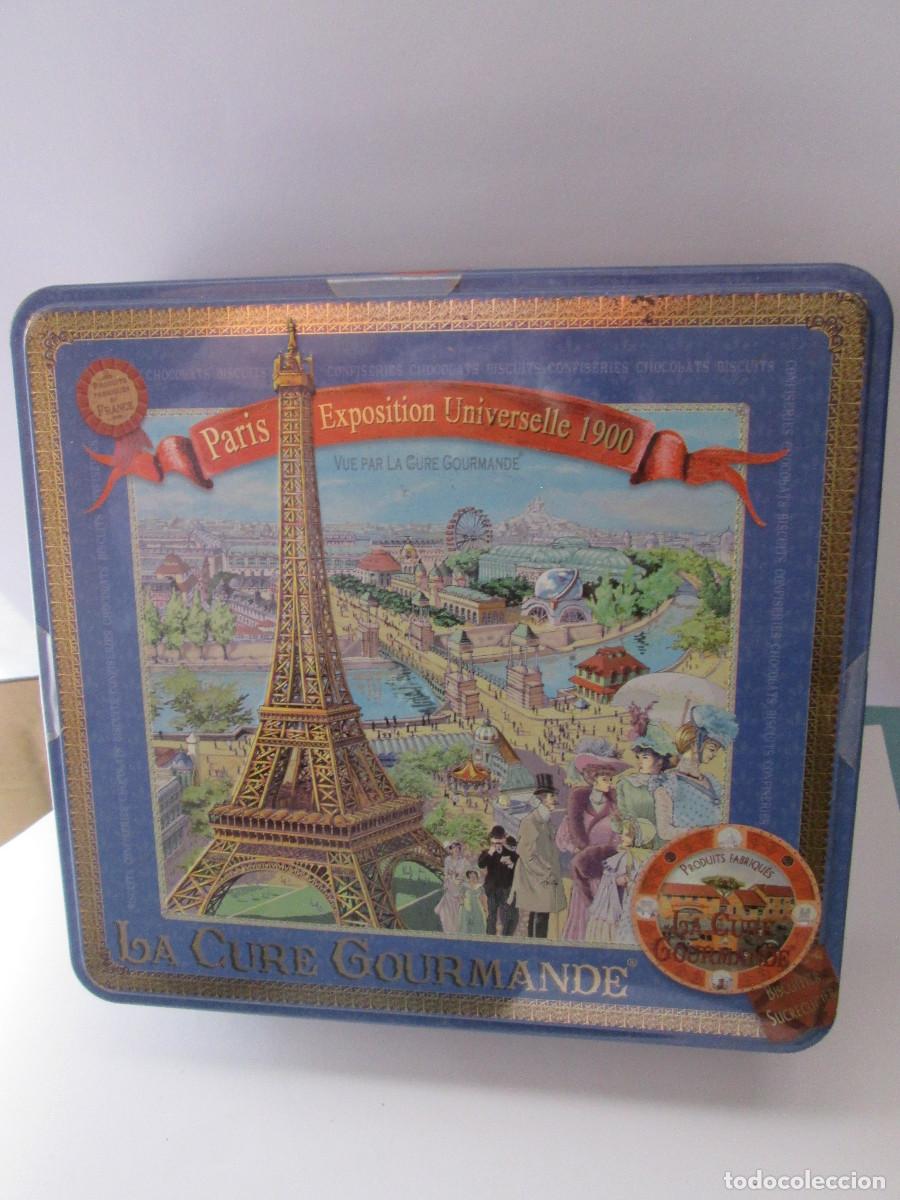 Cajas y cajitas met&aacute;licas: CAJA DE GALLETAS - LA CURE GOURMANDE - FOTO PARIS EXPOSICION UNIVERSAL 1900 - 24X23