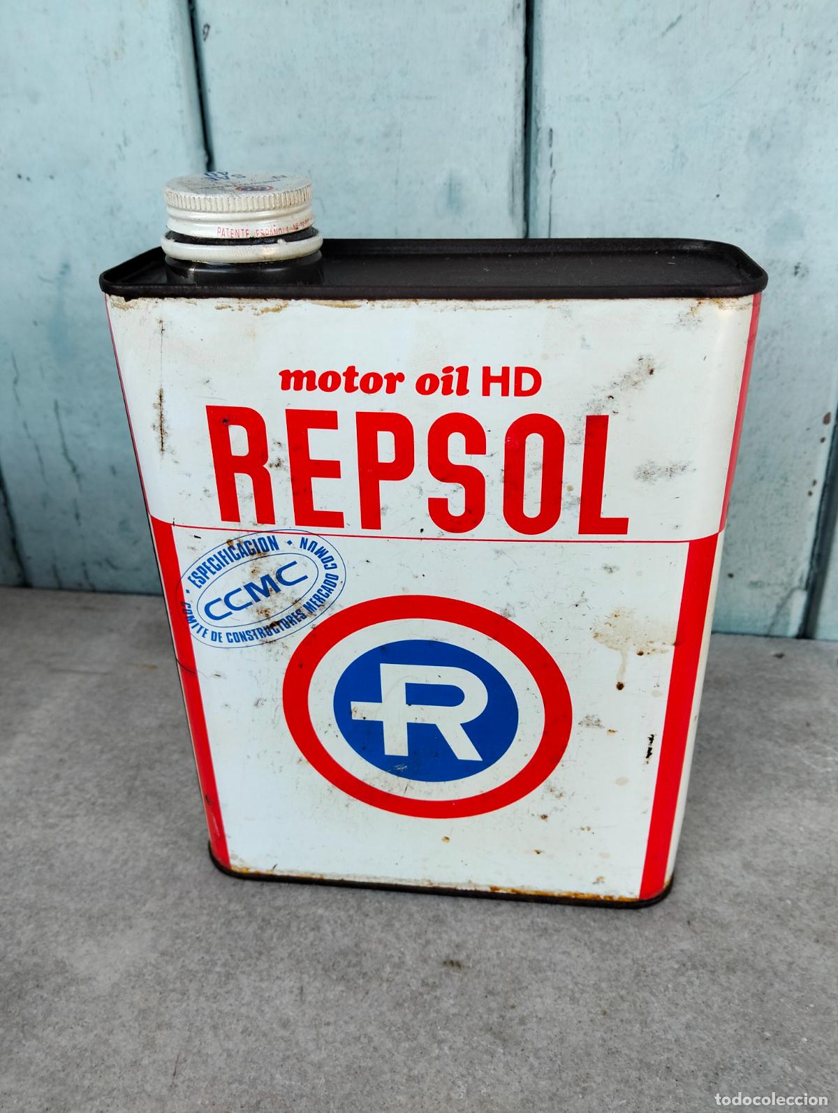 Bo&icirc;tes et petites bo&icirc;tes m&eacute;talliques: Antigua lata de gasolina de la marca Repsol moto oil HD tap&oacute;n de lata a&ntilde;os 60-70