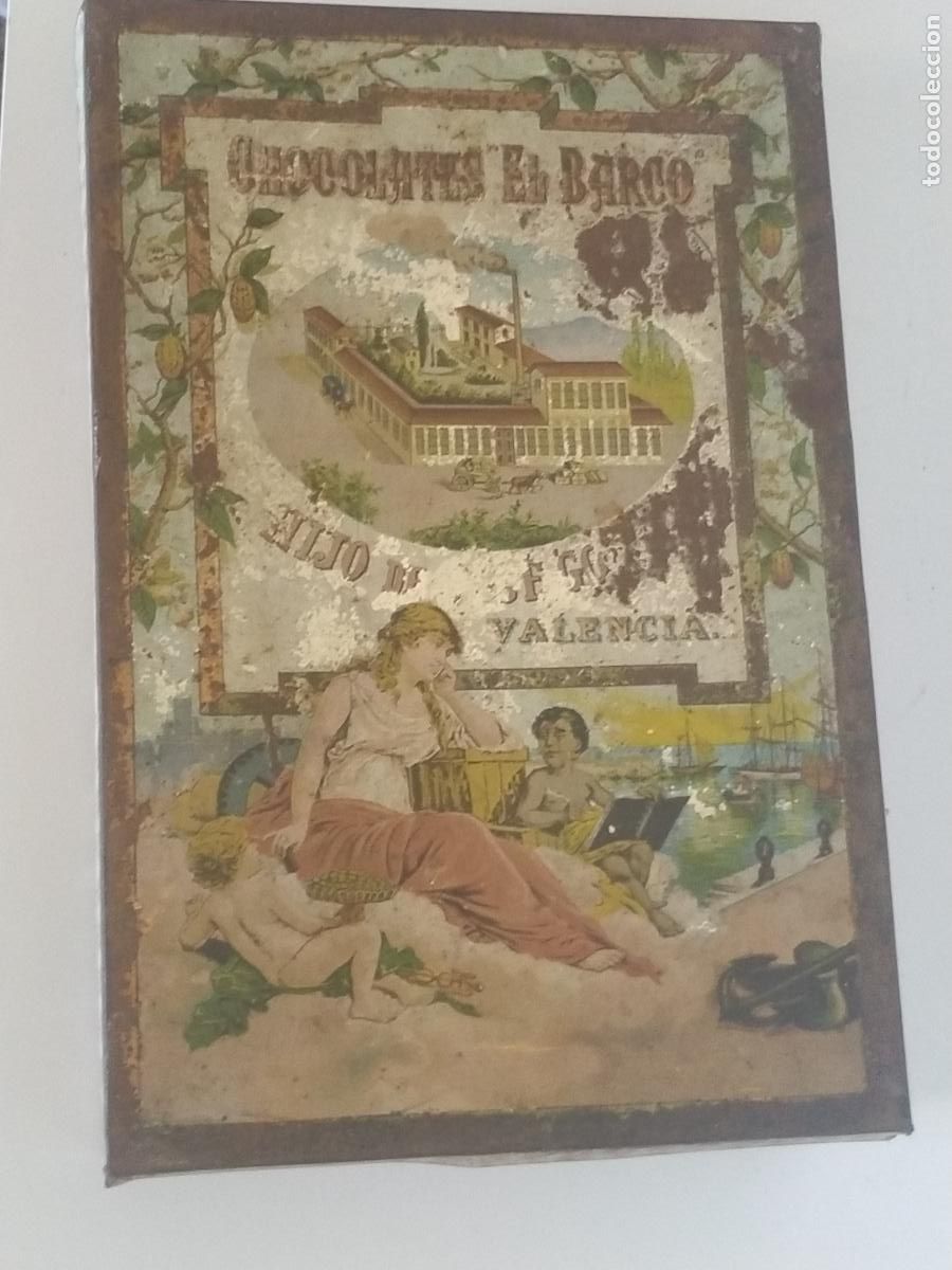 Cajas y cajitas met&aacute;licas: Caja met&aacute;lica serigrafiada antigua chocolates el Barco Valencia