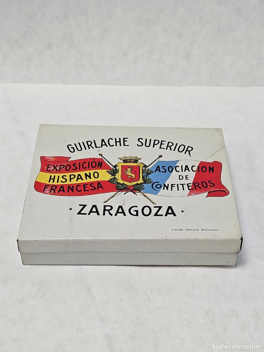 Cajas y cajitas met&aacute;licas: Caja de hojalata guirlache superior conmemorativa de la exposici&oacute;n hispano francesa de 1908 Zaragoza