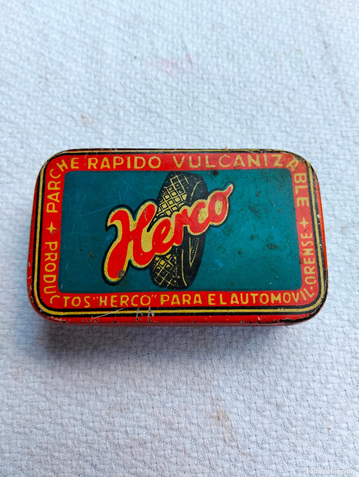 Cajas y cajitas met&aacute;licas: Caja Cajita de lata litografiada marca Herco parche r&aacute;pido vulcanizado autom&oacute;vil de los a&ntilde;os 50