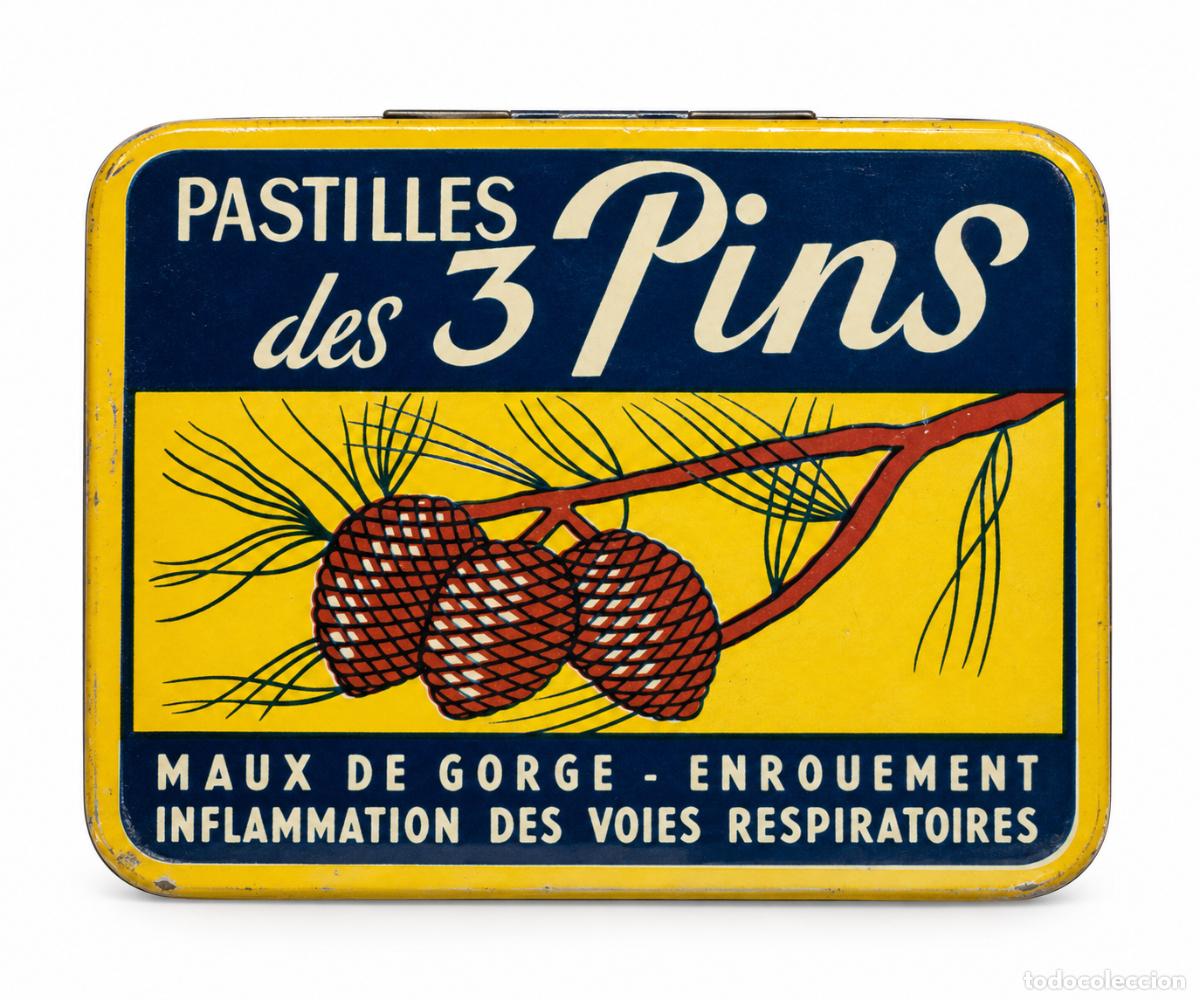 Cajas y cajitas met&aacute;licas: Caja Met&aacute;lica Pastillas des 3 Pins, Francia - Farmacia - Aliviar Afecciones Respiratorias - A&ntilde;os 30