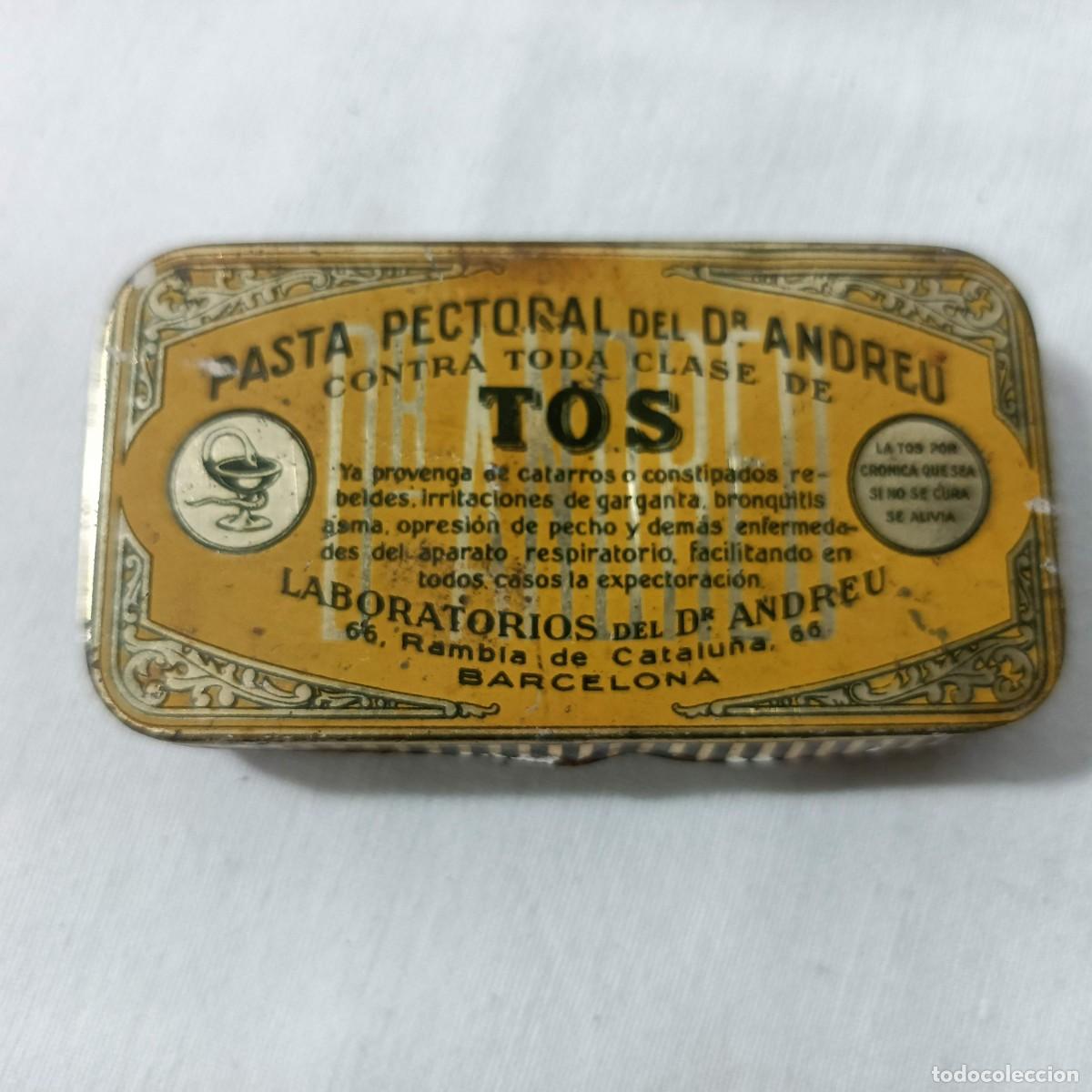 Cajas y cajitas met&aacute;licas: Caja met&aacute;lica, litografiada, &rdquo;Pasta pectoral del Dr Andreu&rdquo;.