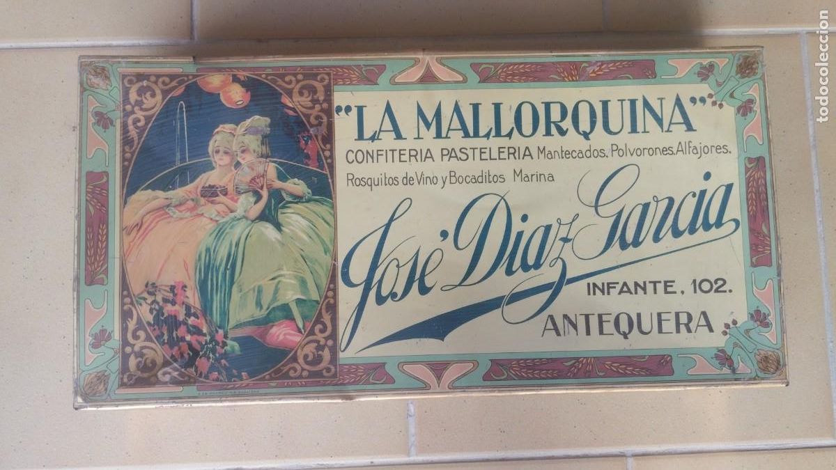 Cajas y cajitas met&aacute;licas: JOSE DIAZ GARCIA.-LA MALLORQUINA.-CONFITERIA.-PASTELERIA.-CAJA METALICA ANTIGUA.-ANTEQUERA.-MALAGA.