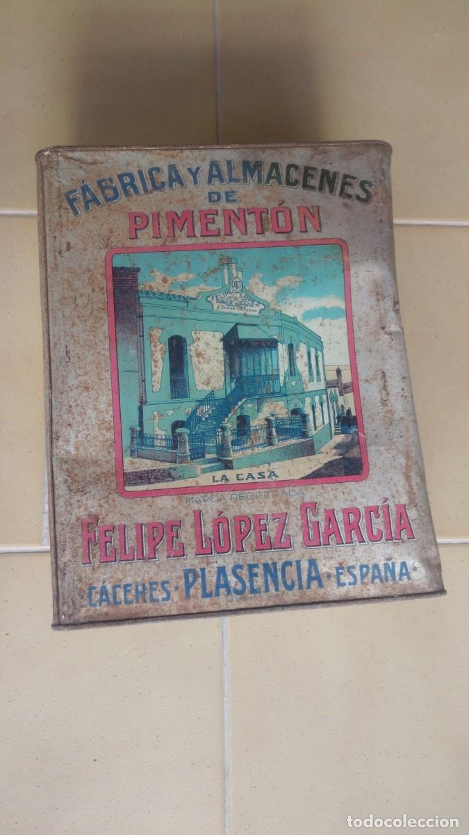 Cajas y cajitas met&aacute;licas: FELIPE LOPEZ GARCIA.-FABRICA Y ALMACENES DE PIMENTON.-CAJA METALICA ANTIGUA.-PLASENCIA.-CACERES.