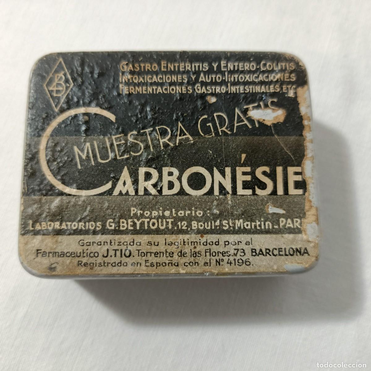 Cajas y cajitas met&aacute;licas: Caja met&aacute;lica, litografiada, muestra gratis de Carobon&eacute;sie, Laboratorio G Beytout. Paris.