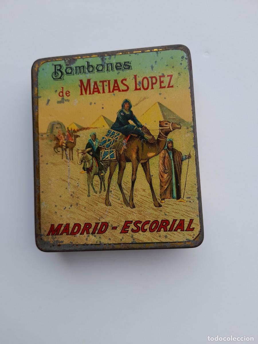 Cajas y cajitas met&aacute;licas: Cajita de lata publicidad BOMBONES MATIAS LOPEZ , Escorial, Madrid