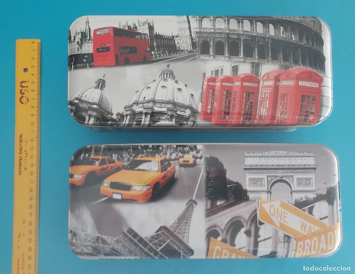 Caixas e caixinhas met&aacute;licas: LOTE 2 CAJAS LATAS DE METAL. LONDRES, LONDON EYE, PARIS, TORRE EIFFEL, NUEVA YORK...