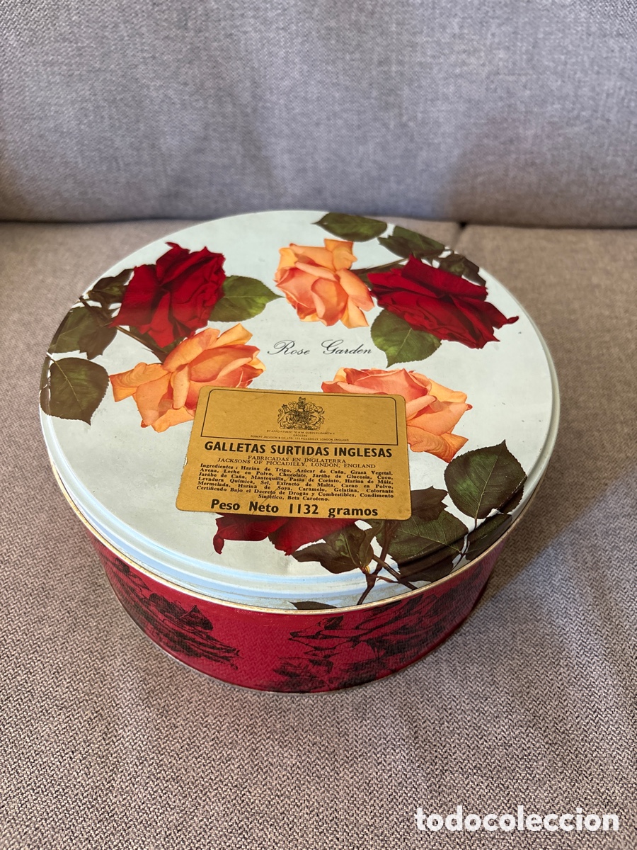 Cajas y cajitas met&aacute;licas: Antigua caja de flores galletas inglesas de hojalata - Rose garden- Jacksons of Picadilly - ASM