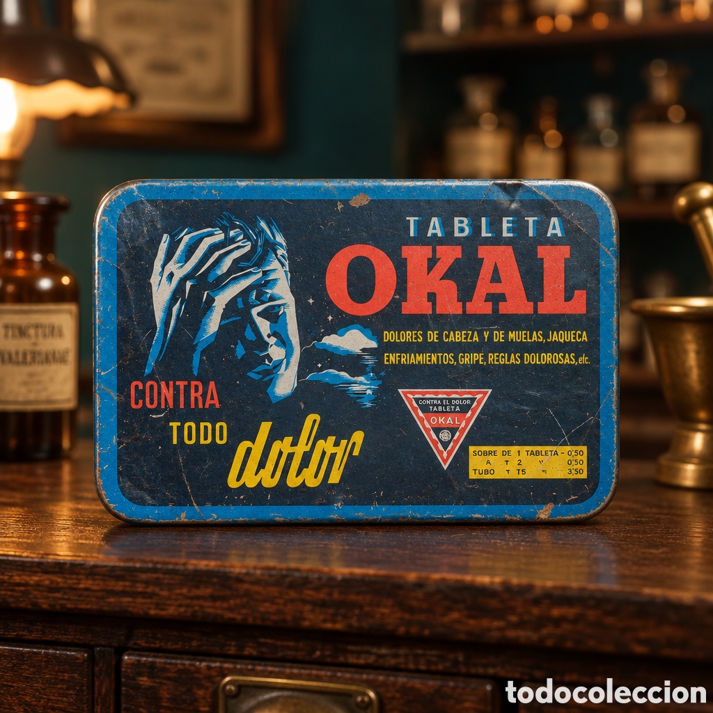 Cajas y cajitas met&aacute;licas: CAJA DE METAL ANTIGUA TABLETA OKAL CONTRA TODO DOLOR (CAJA VACIA)23x16x5.5cm