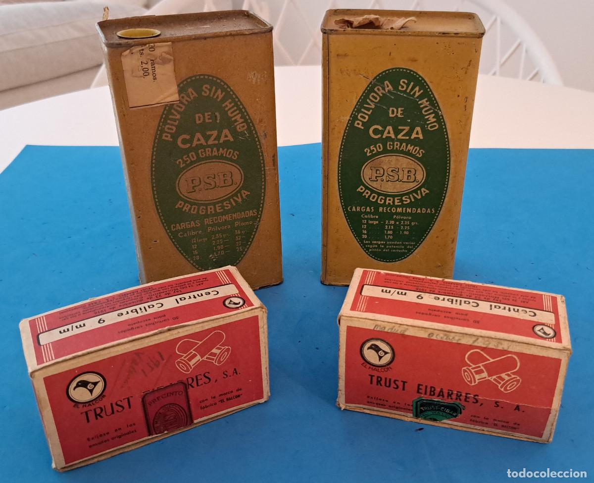 Cajas y cajitas met&aacute;licas: 2 CAJITAS VAC&Iacute;AS DE CARTUCHOS EL HALCON - A&Ntilde;OS 50 Y 2 LATAS DE POLVORA SIN HUMO - P.S.B.