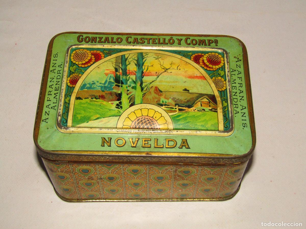 Cajas y cajitas met&aacute;licas: Antigua Caja Lata Hojalata Litografiada de Azafranes Almendra An&iacute;s GONZALO CASTELL&Oacute; y Cia de NOVELDA