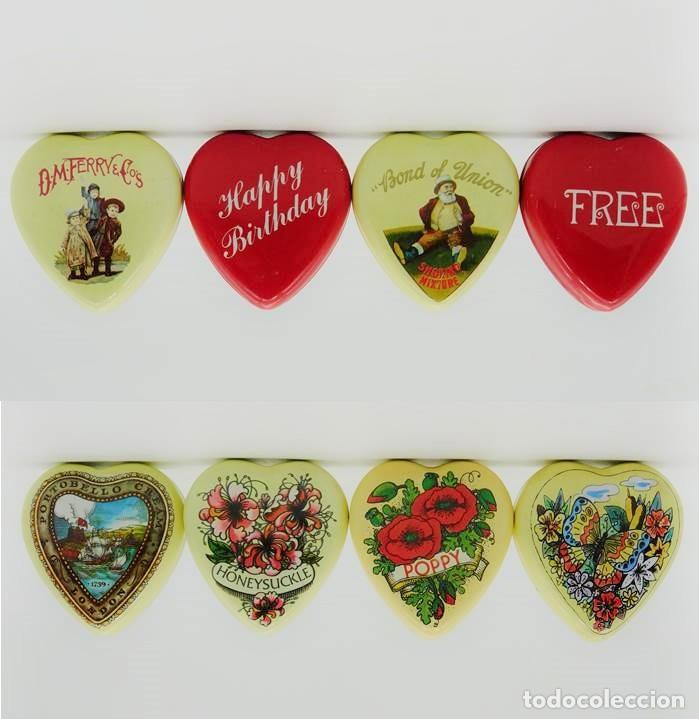Cajas y cajitas met&aacute;licas: LOTE DE 8 CAJITAS / PASTILLEROS MET&Aacute;LICAS EN FORMA DE CORAZ&Oacute;N DECORADAS. A&Ntilde;OS 1970. TODAS DIFERENTES