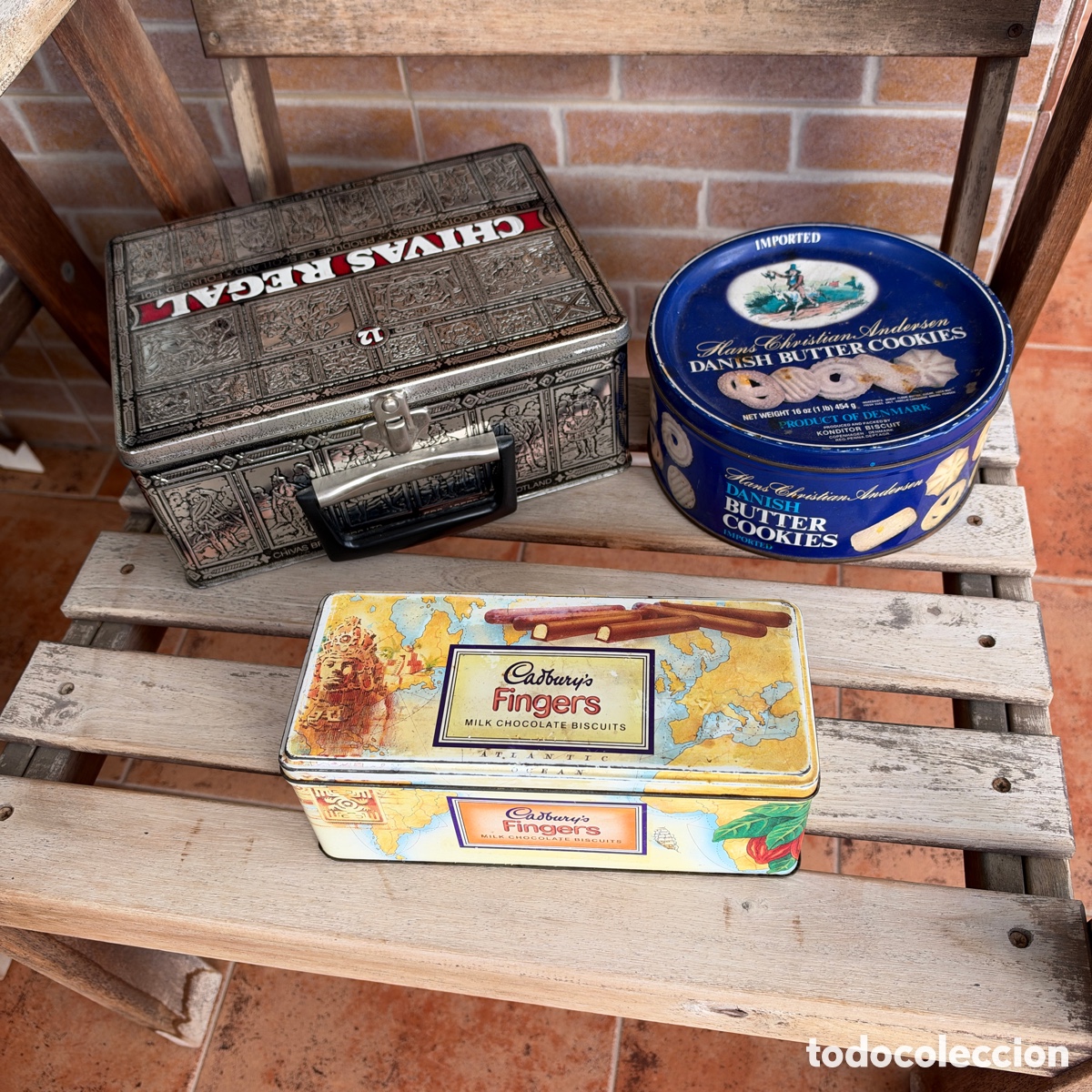 Cajas y cajitas met&aacute;licas: Lote de 3 latas vintage - Chivas y galletas