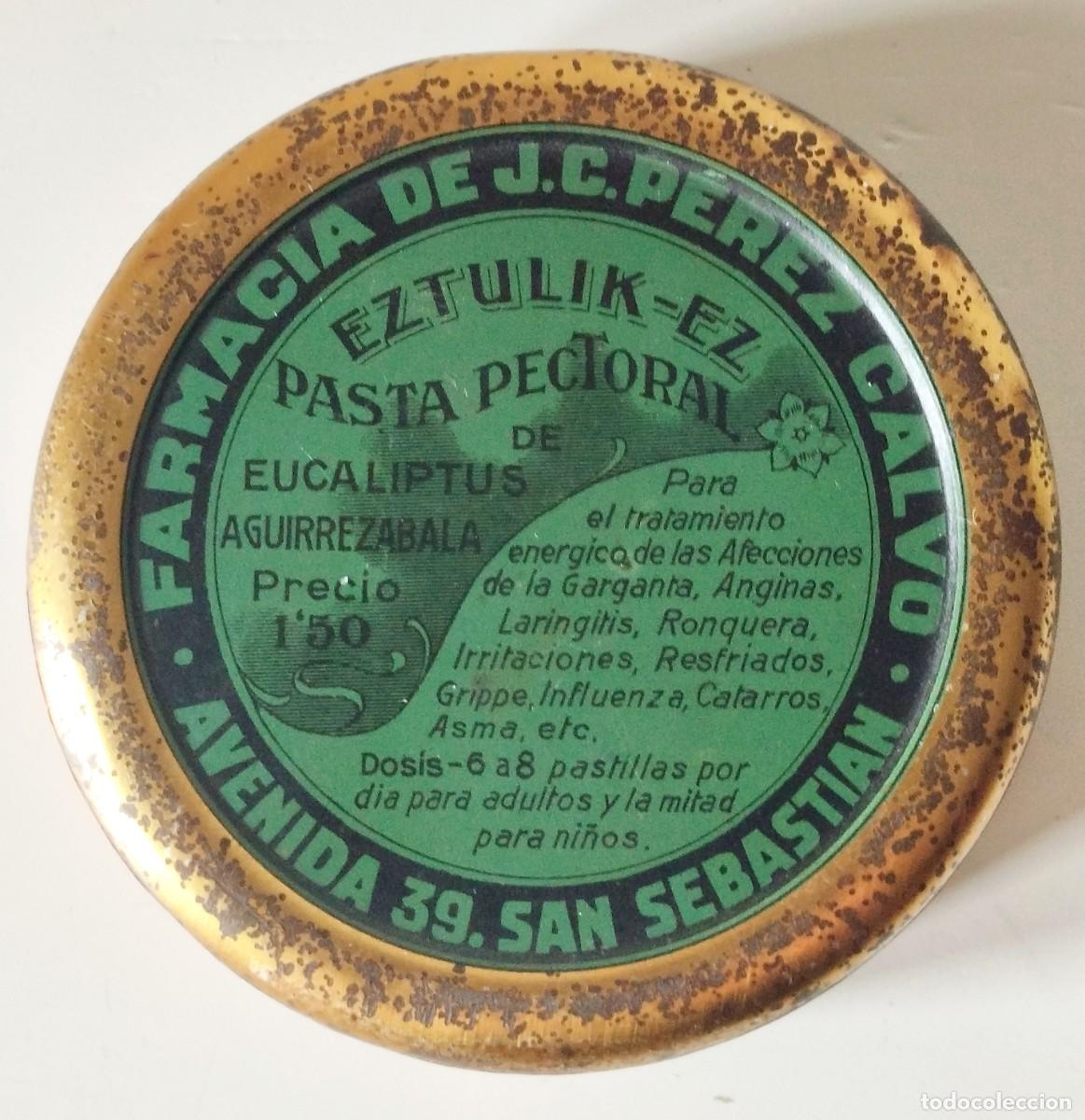 Cajas y cajitas met&aacute;licas: Antigua Caja de hojalata litografiada &rdquo;Eztulik-Ez Pasta Pectoral de Eucaliptus&rdquo;.