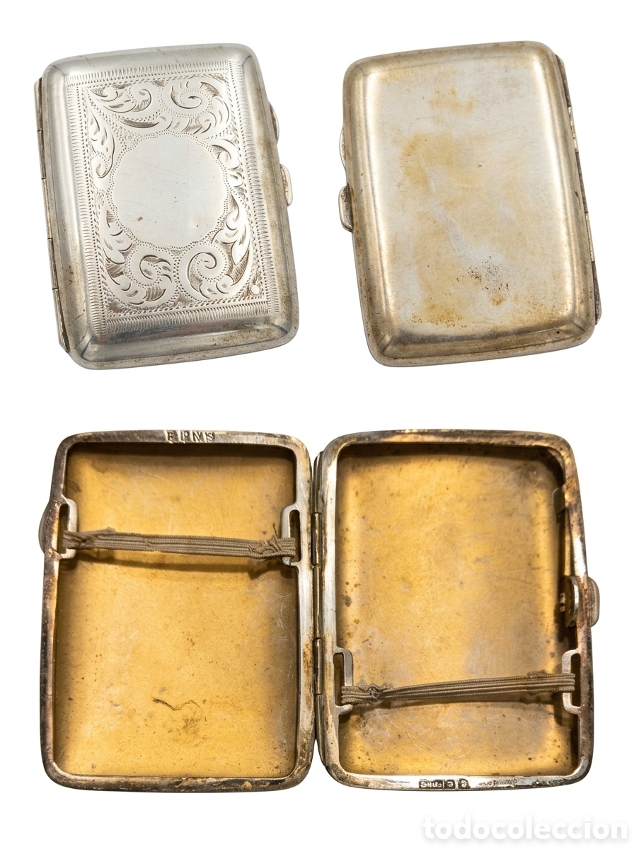 Cajas y cajitas met&aacute;licas: Antigua Pitillera de Bolsillo EPNS &ndash; Estilo Victoriano Grabado &ndash; 8,5 x 6,5 cm &ndash; S. XIX/XX