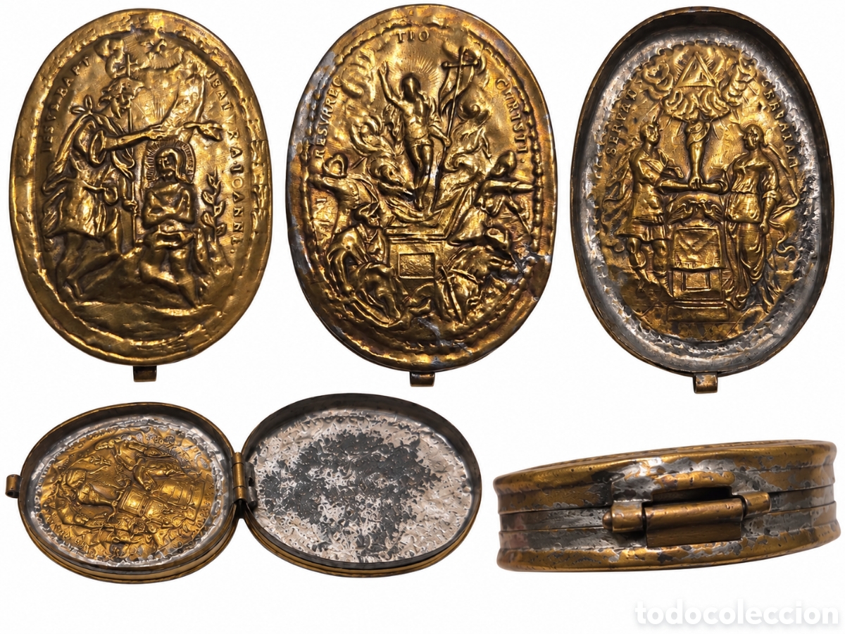Caixas e caixinhas met&aacute;licas: ANTIGUA CAJITA DEVOCIONAL DE METAL &ndash; POSIBLE SIGLO XVIII/XIX&ndash; 3 RELIEVES RELIGIOSOS &ndash;