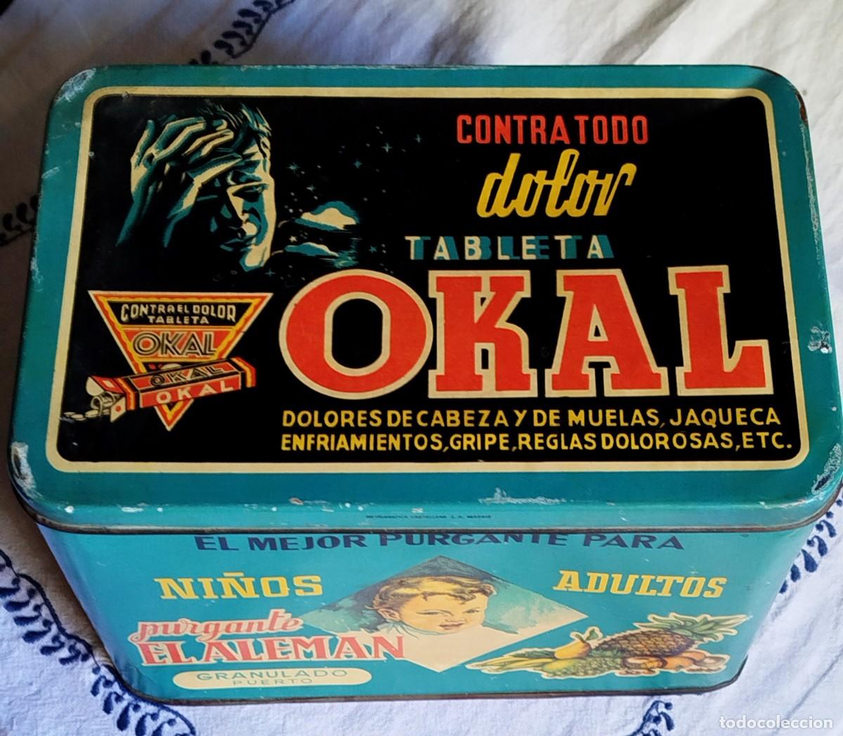 Cajas y cajitas met&aacute;licas: Caja de lata antigua de pastillas OKAL. Publicidad purgante El Alem&aacute;n y p&iacute;ldoras Zeninas