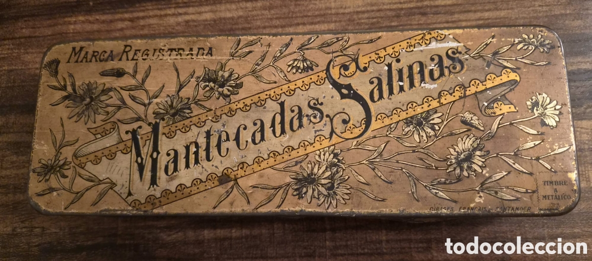 Cajas y cajitas met&aacute;licas: Antigua caja hojalata litografiada Mantecadas Salinas Tudela Navarra Chocolates / Reposter&iacute;a 40/50