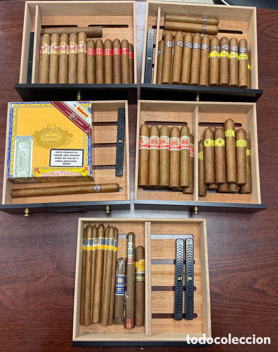 Cajas y cajitas met&aacute;licas: Lote de humidor + 80 puros. Habanos. Cigars