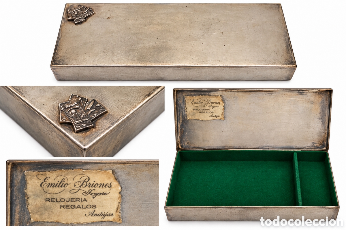 Bo&icirc;tes et petites bo&icirc;tes m&eacute;talliques: Antigua Caja de Naipes de Mesa - Joyer&iacute;a Emilio Briones(And&uacute;jar)-A&ntilde;os 50/70- Metal Plateado