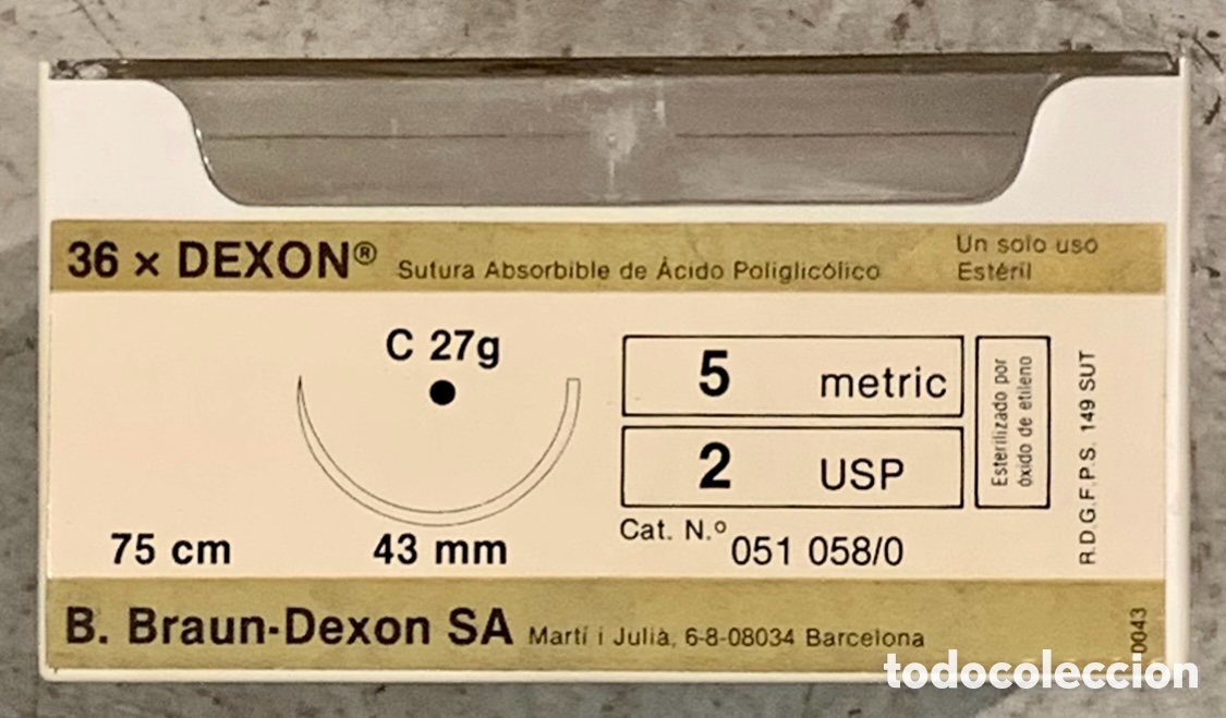 Cajas y cajitas met&aacute;licas: Cala de Suturas Quir&uacute;rgicas. Braun-Dexon. Dexon 2. Pl&aacute;stico. A&ntilde;os 80.