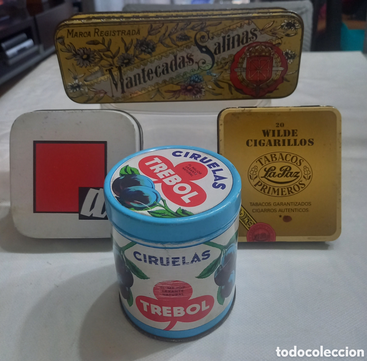 Cajas y cajitas met&aacute;licas: Lote 4 Latas Antiguas de Colecci&oacute;n - Mantecadas Salinas, Ciruelas Tr&eacute;bol, Farmacia y Tabaco
