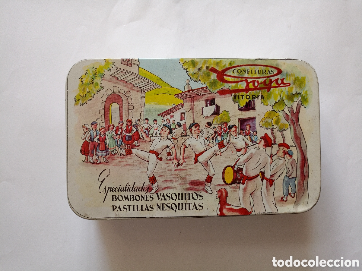 Cajas y cajitas met&aacute;licas: Antigua caja de metal vacia confituras Goya Vitoria bombones vasquitos pastillas nesquitas 17x11cm