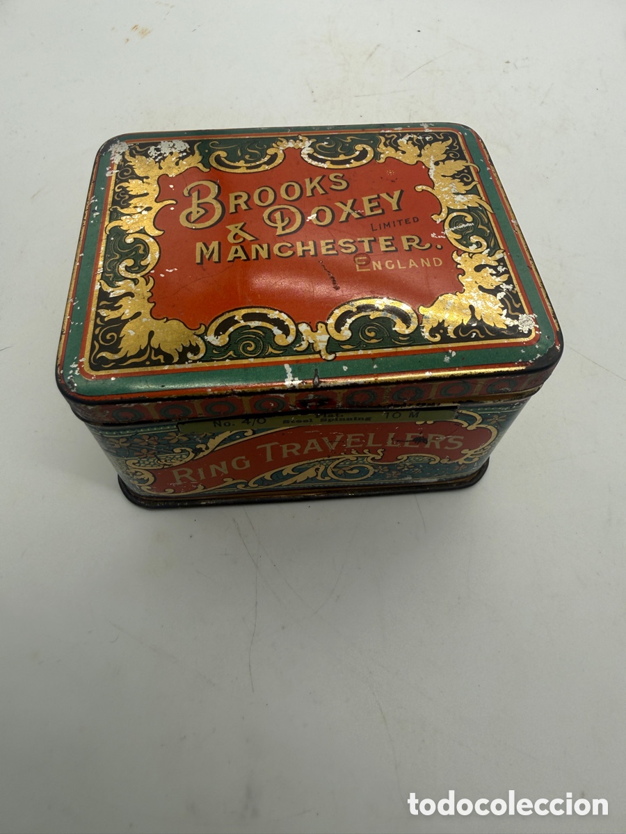 Boxes and metal boxes: Antigua caja de hojalata litografiada Brooks & Doxey &ndash; Ring Travellers &ndash; Manchester, Inglaterra
