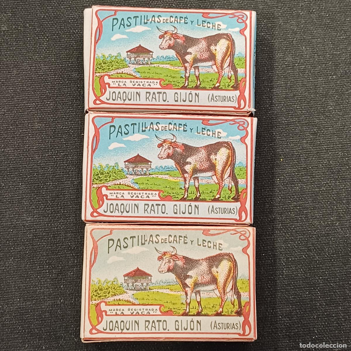 Blechdosen und Kisten: PASTILLAS Y YEMAS DE CAFE Y LECHE-LA VACA/JOAQUIN RATO/GIJON/3 CAJAS VACIAS.