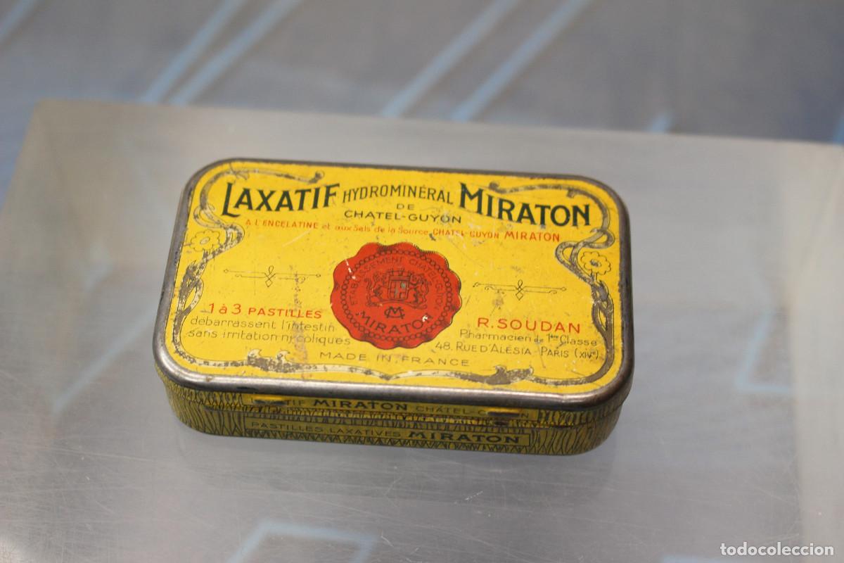 Casse e cassette metalliche: Antigua caja met&aacute;lica litografiada Laxatif Hydromin&eacute;ral Miraton + vale de 5 pesetas, guerra civil.