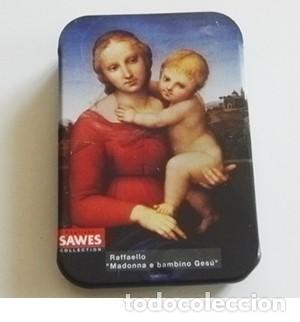 Blechdosen und Kisten: CAJA SAWES VAC&Iacute;A MET&Aacute;LICA TEN&Iacute;A REGALIZ DIBUJO DE RAFAEL LA VIRGEN Y EL NI&Ntilde;O JES&Uacute;S -DE METAL CAJITA