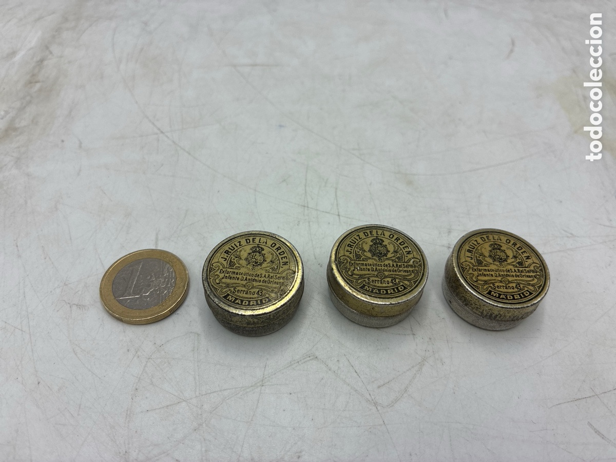 Bo&icirc;tes et petites bo&icirc;tes m&eacute;talliques: Lote de 3 cajas peque&ntilde;as de Farmacia J.Ruiz de La Orden .