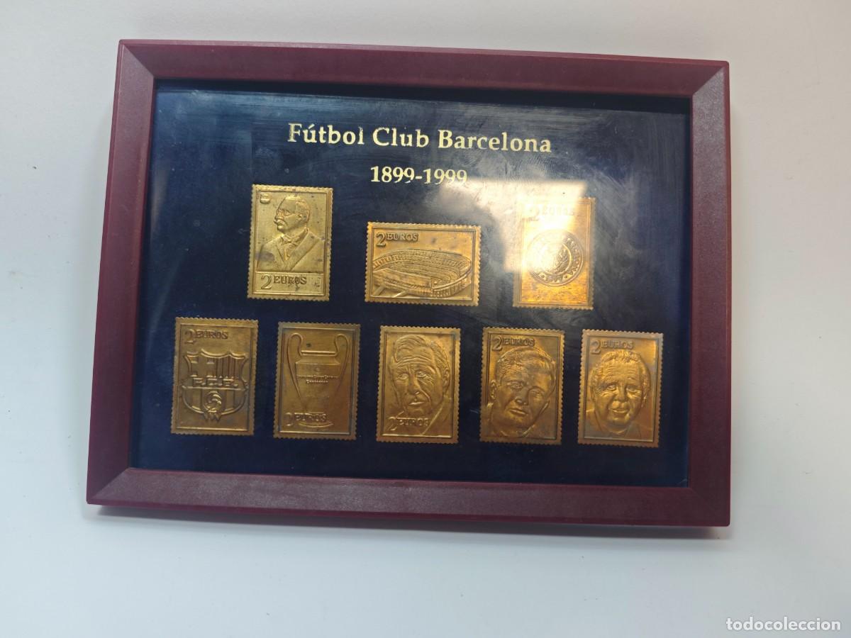 Bo&icirc;tes et petites bo&icirc;tes m&eacute;talliques: FC BARCELONA &ndash; CENTENARIO 1899&ndash;1999 &ndash; CUADRO CON 8 SELLOS MET&Aacute;LICOS DORADOS &ndash; 20 &times; 15 CM