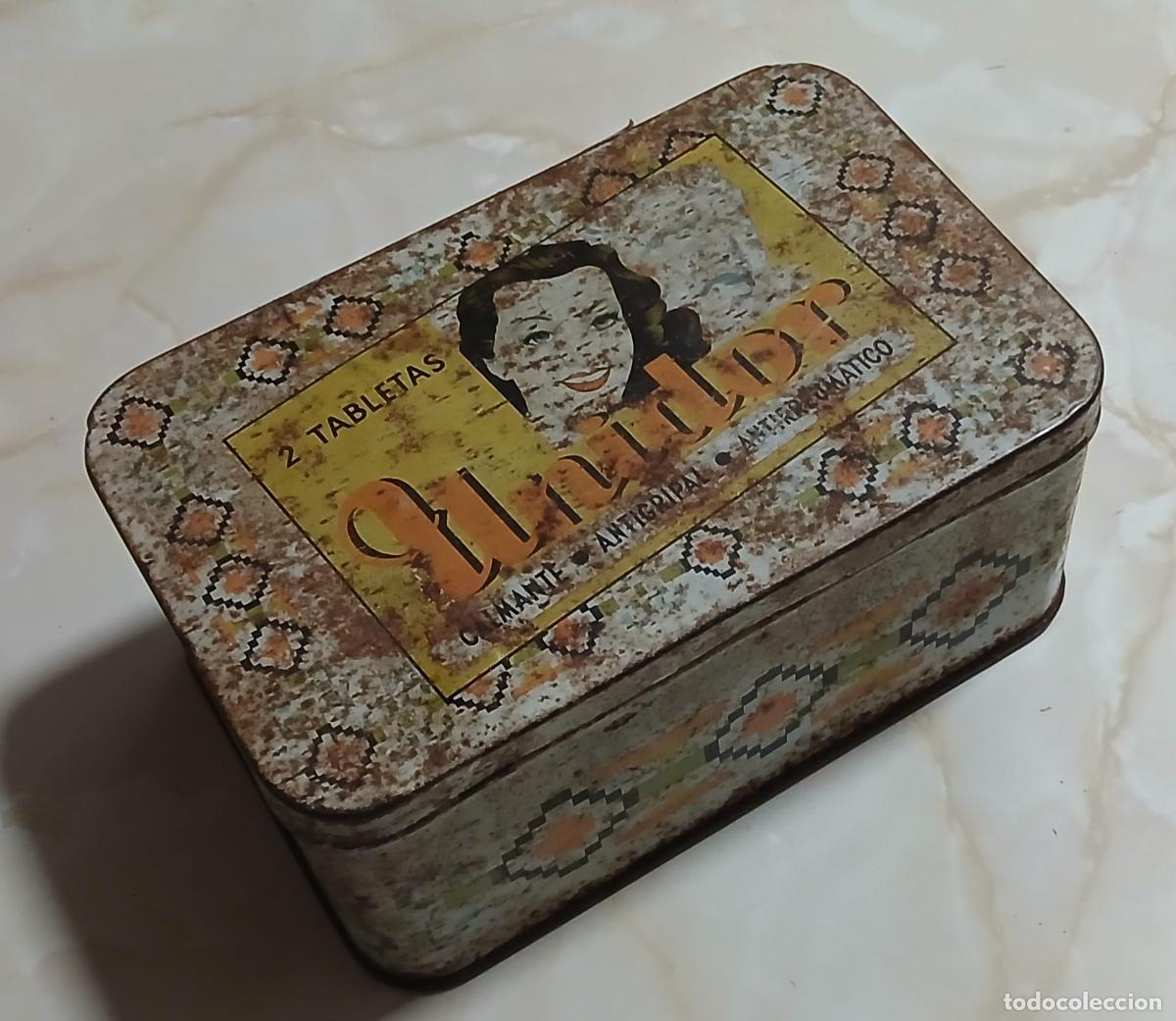 Cajas y cajitas met&aacute;licas: Antigua CAJA de METAL - 2 TABLETAS Unidor - Calmante - Antigripal - Antirreum&aacute;tico18 x 11,5 x 8 cm.