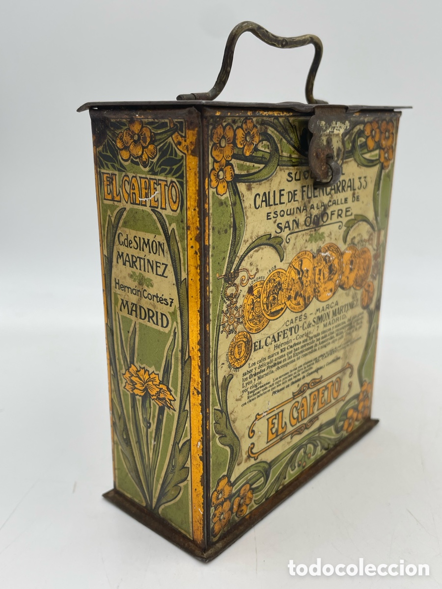 Cajas y cajitas met&aacute;licas: Antigua Caja hojalata litografiada modernista caf&eacute;s El cafeto. C. Sim&oacute;n Mart&iacute;nez. Art Nouveau