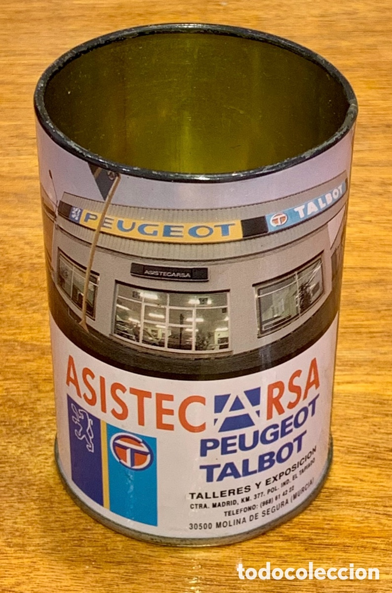 Cajas y cajitas met&aacute;licas: Bote met&aacute;lico. Lapicero. Publicidad ASISTECARSA Peugeot. Molina de Segura. Murcia. A&ntilde;os 80.
