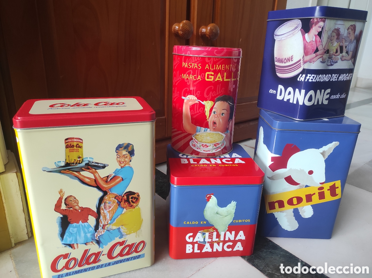 Cajas y cajitas met&aacute;licas: Lote de 5 cajas de lata vintage Cola Cao, Danone, Norit, Gallina Blanca, Gallo