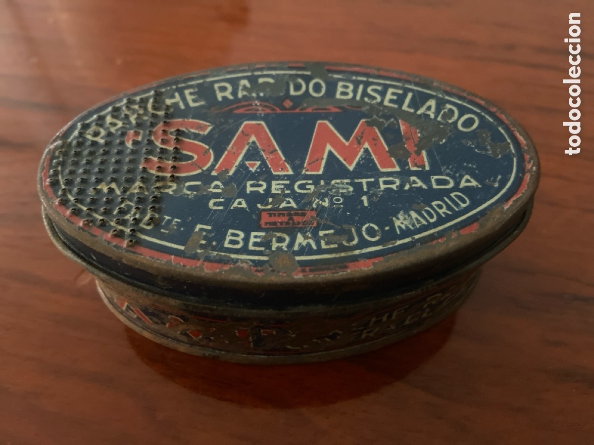 Cajas y cajitas met&aacute;licas: Antigua caja de hojalata litografiada. Parche Rapido Biselado SAMI