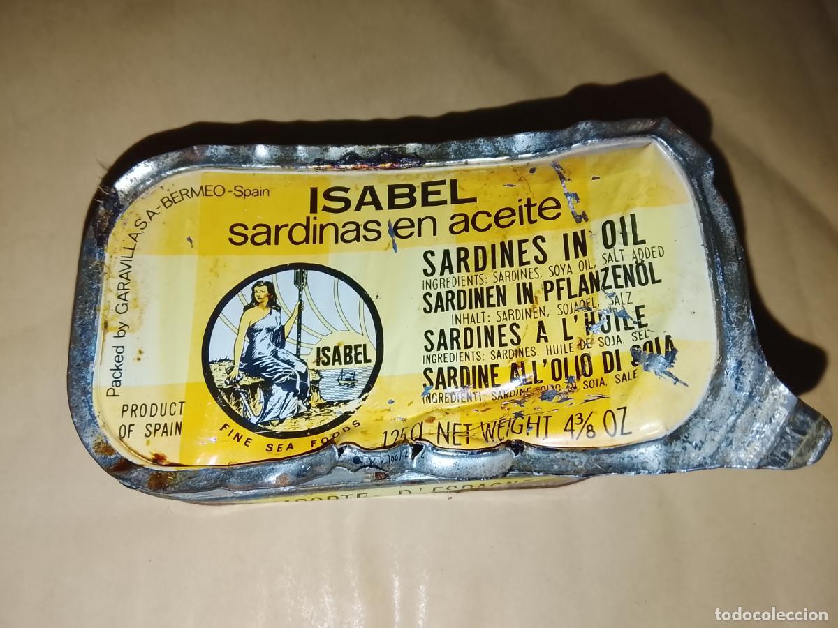 Cajas y cajitas met&aacute;licas: Antigua Lata de Sardinas ISABEL (Conservas Garavilla) - Edici&oacute;n Exportaci&oacute;n c. 1978 - Abierta