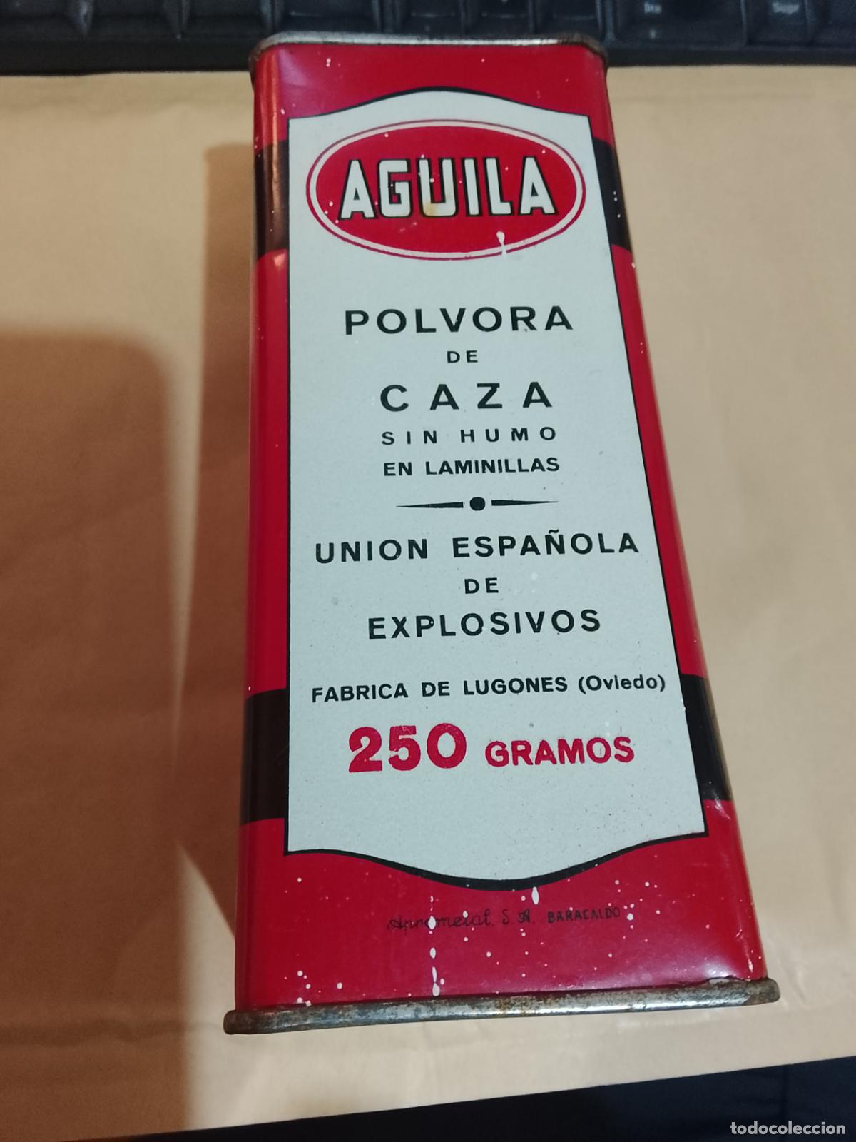 Cajas y cajitas met&aacute;licas: Antigua Lata P&oacute;lvora de Caza &Aacute;GUILA - 250g - Uni&oacute;n Espa&ntilde;ola de Explosivos (U.E.E.) c. 1950/60